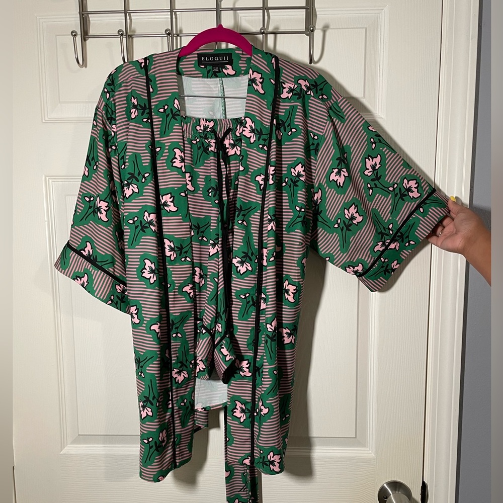 Eloquii Green And Pink Two Piece Kimono matching Shorts Set size 14